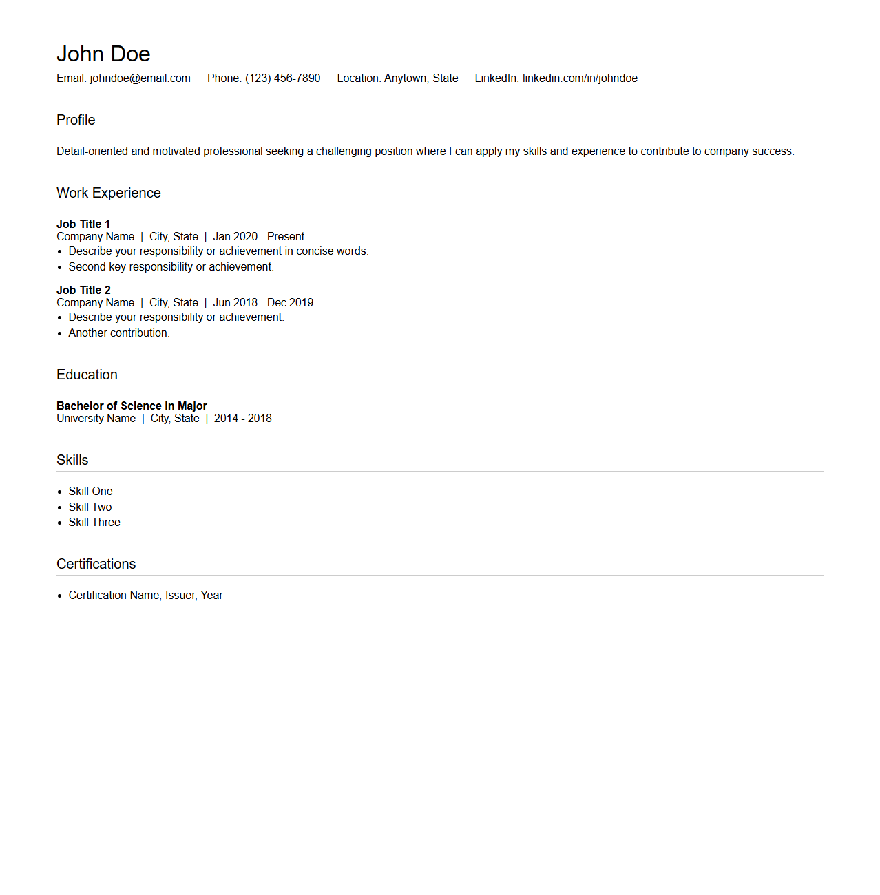Straightforward Resume Page for Work Applications