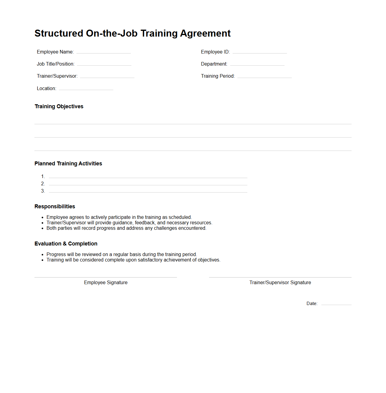 Structured On-the-Job Training Agreement