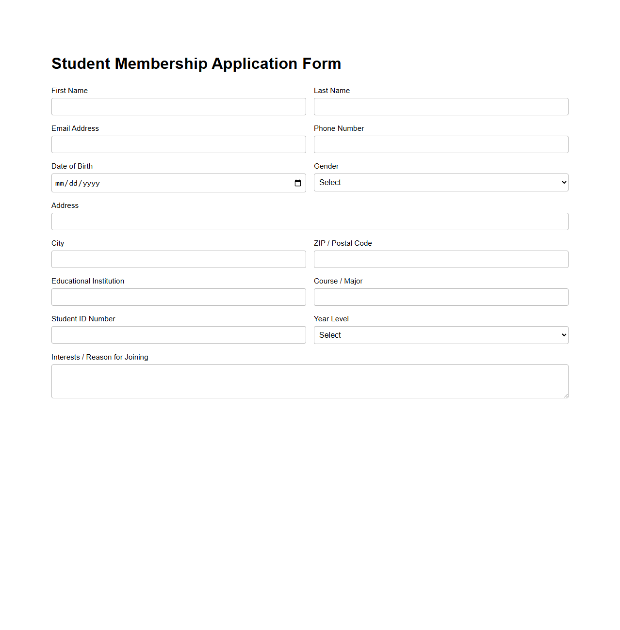 Student Membership Application Form Template