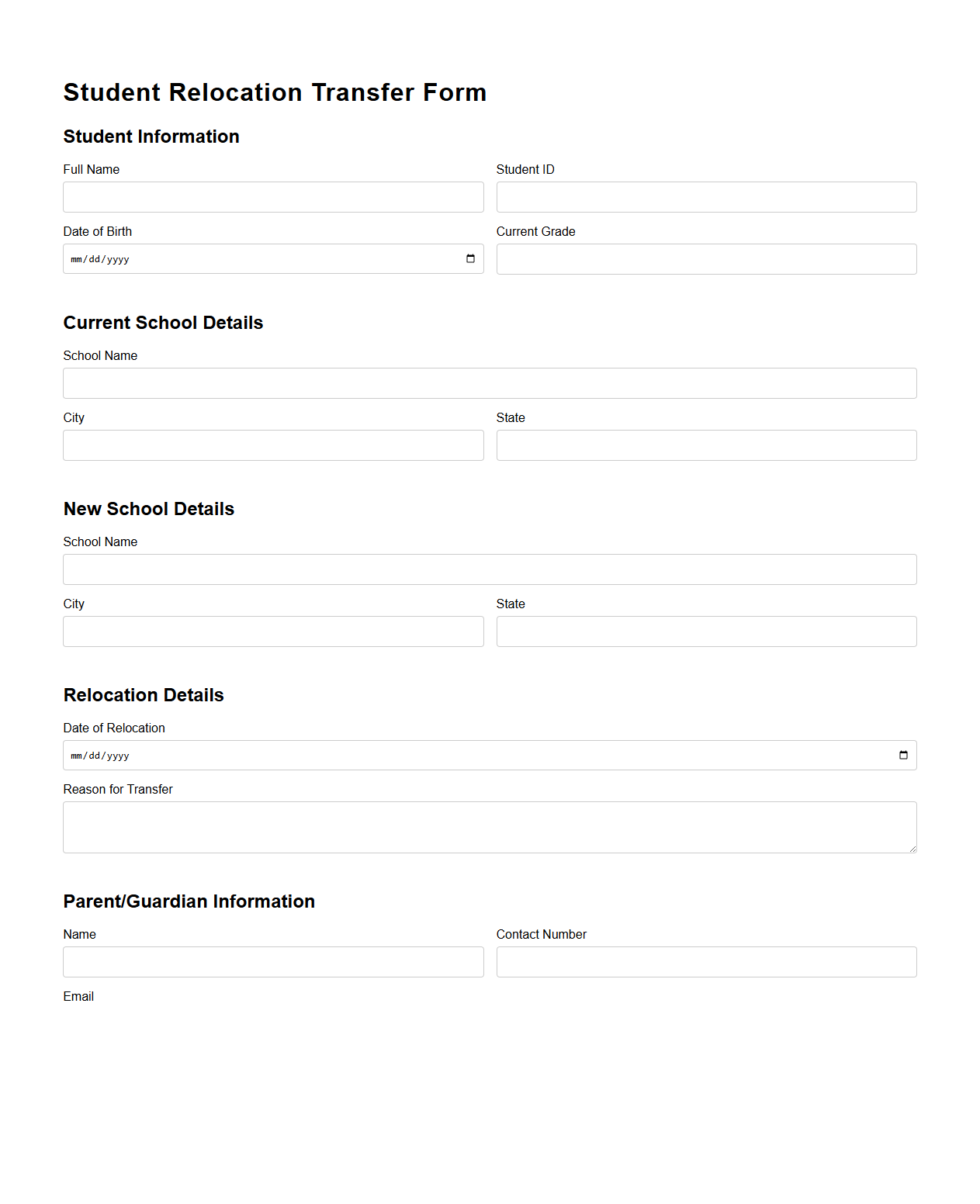 Student Relocation Transfer Form Template
