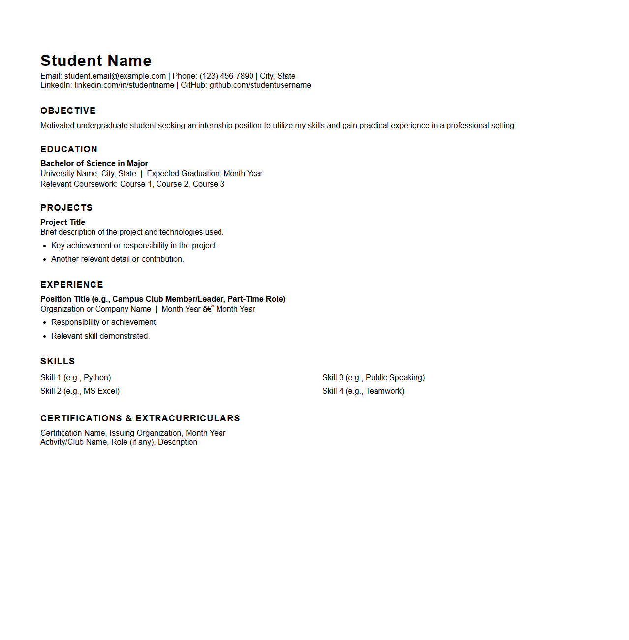 Student Resume Format for Internships