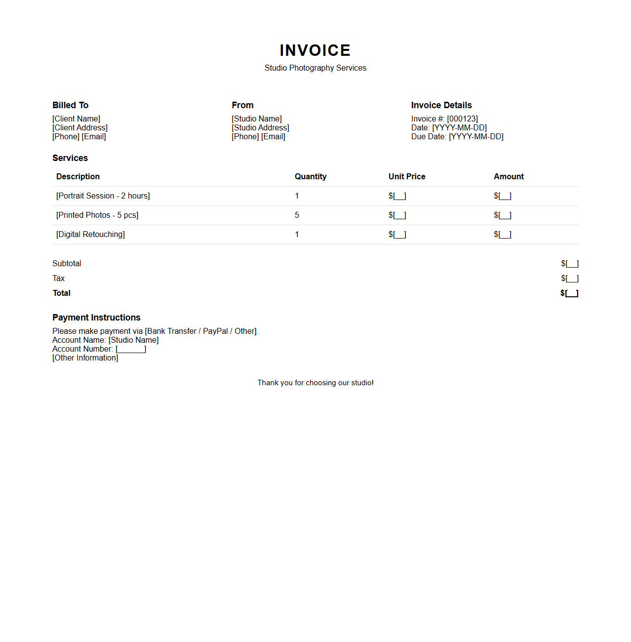 Studio Photography Payment Invoice