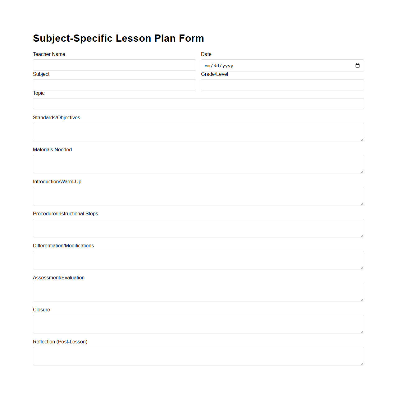 Subject-Specific Lesson Plan Form