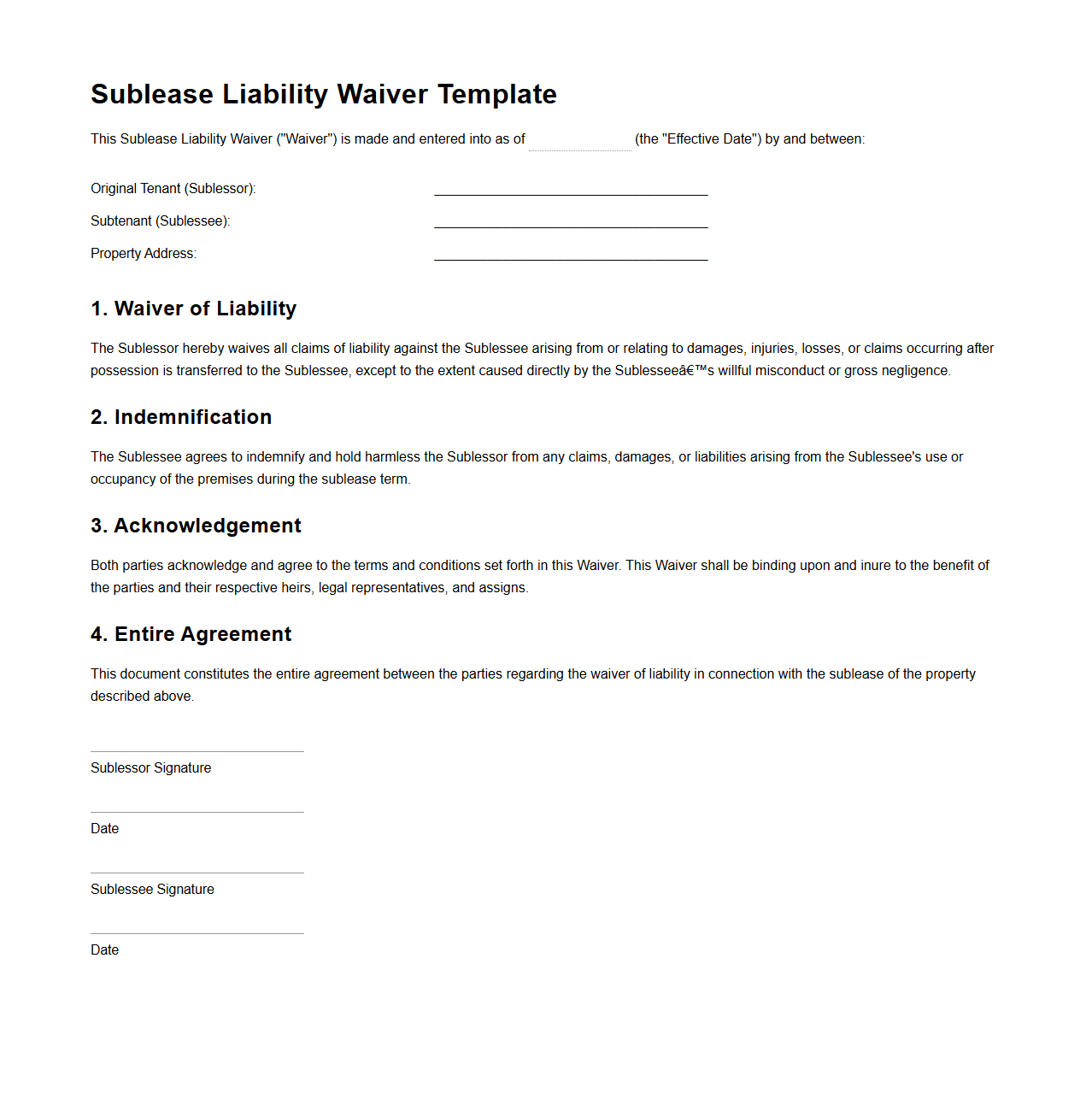 Sublease Liability Waiver Template