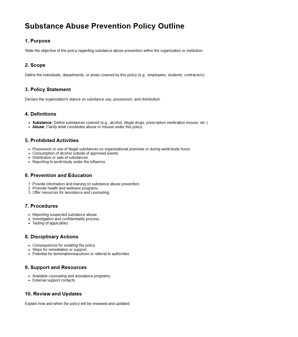 Substance Abuse Prevention Policy Outline