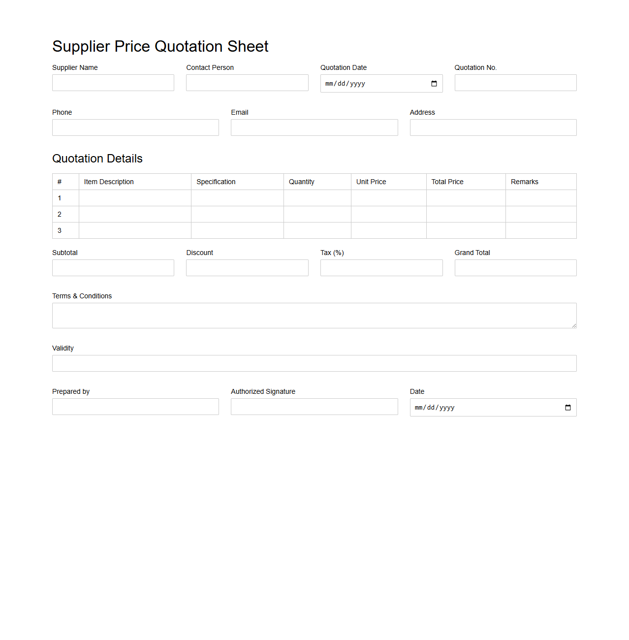 Supplier Price Quotation Sheet Template