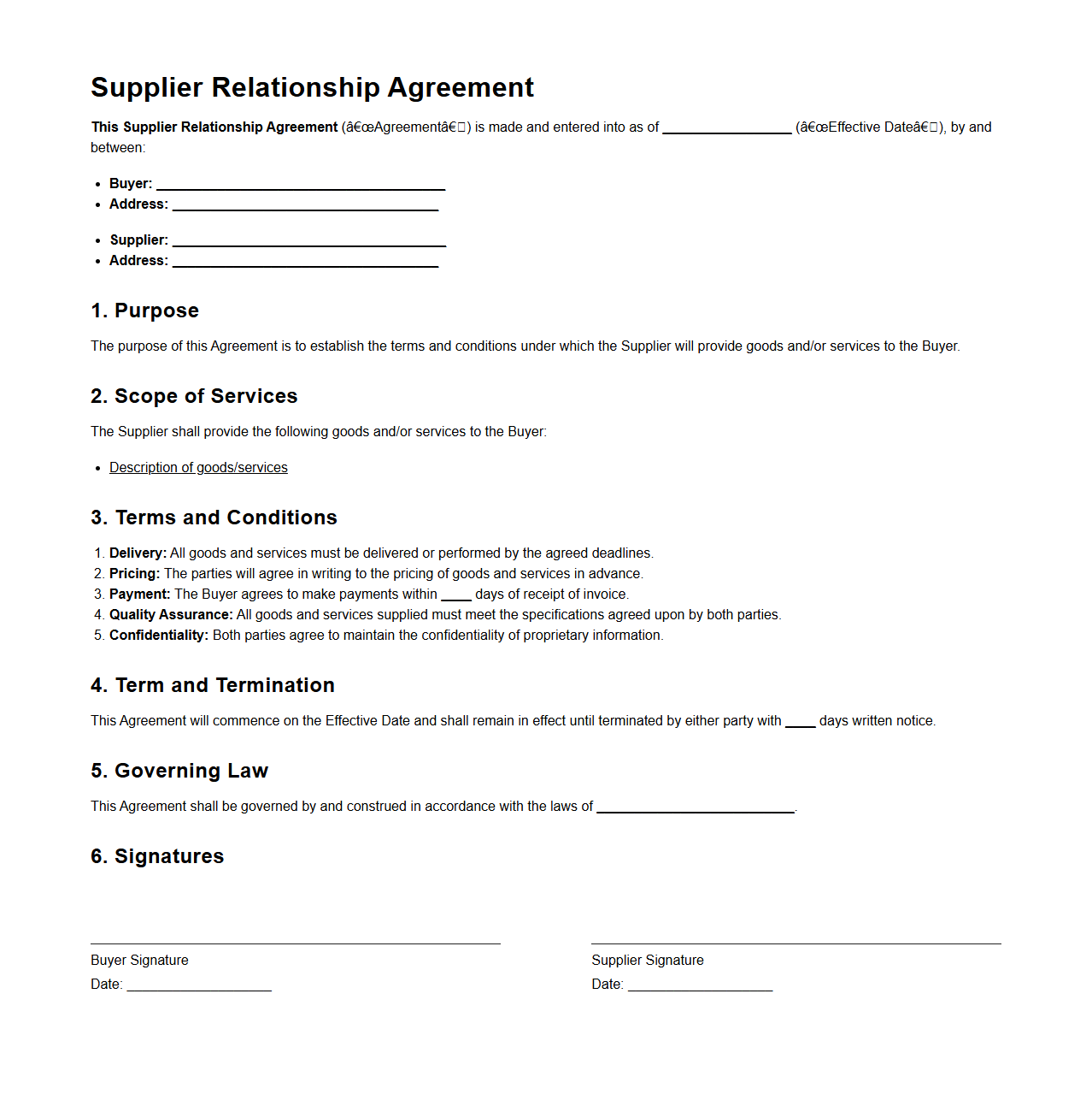 Supplier Relationship Agreement Template