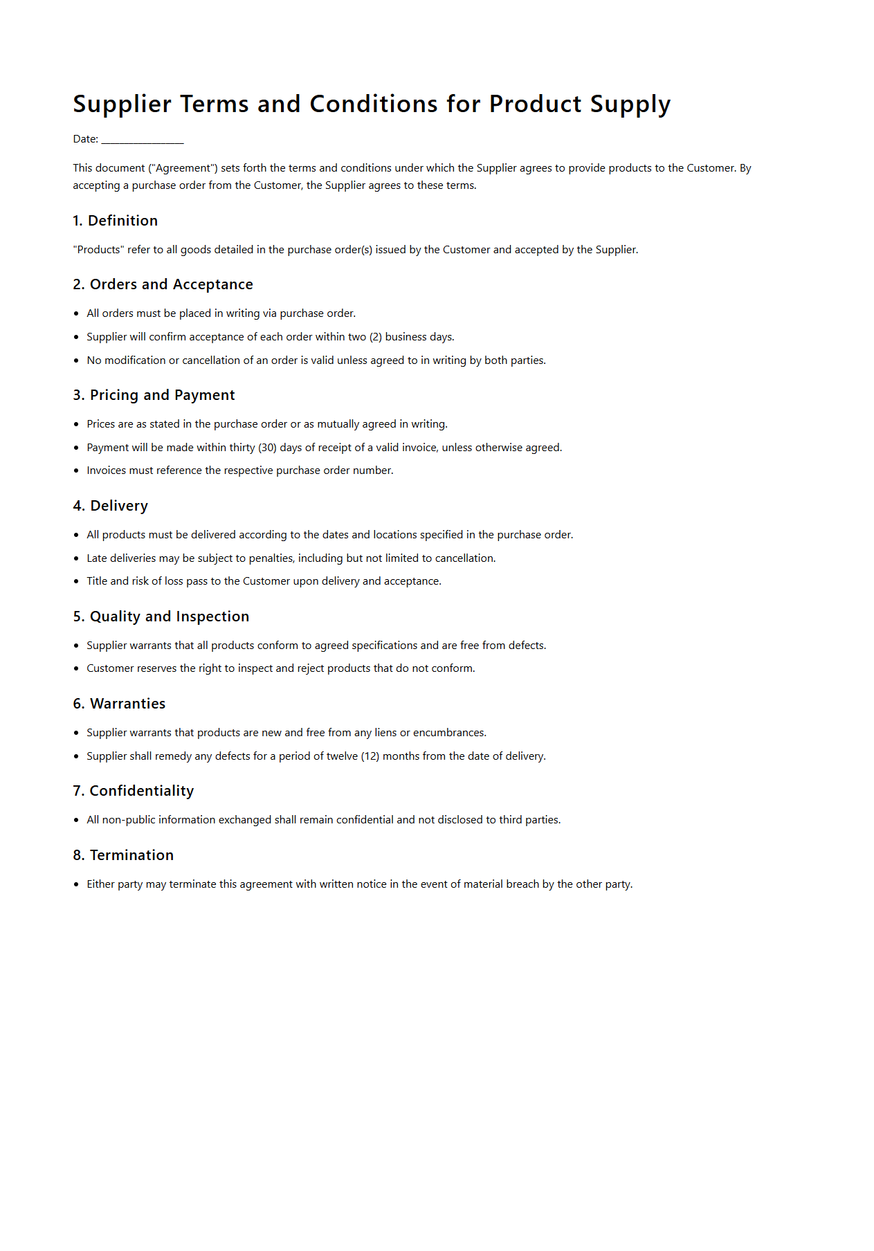 Supplier Terms and Conditions for Product Supply