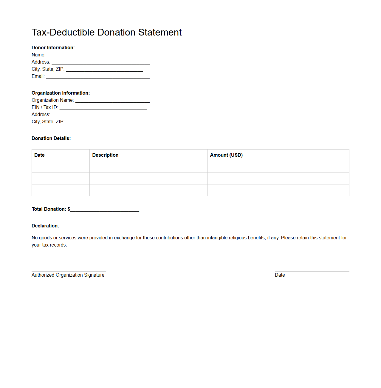 Tax-Deductible Donation Statement Sheet