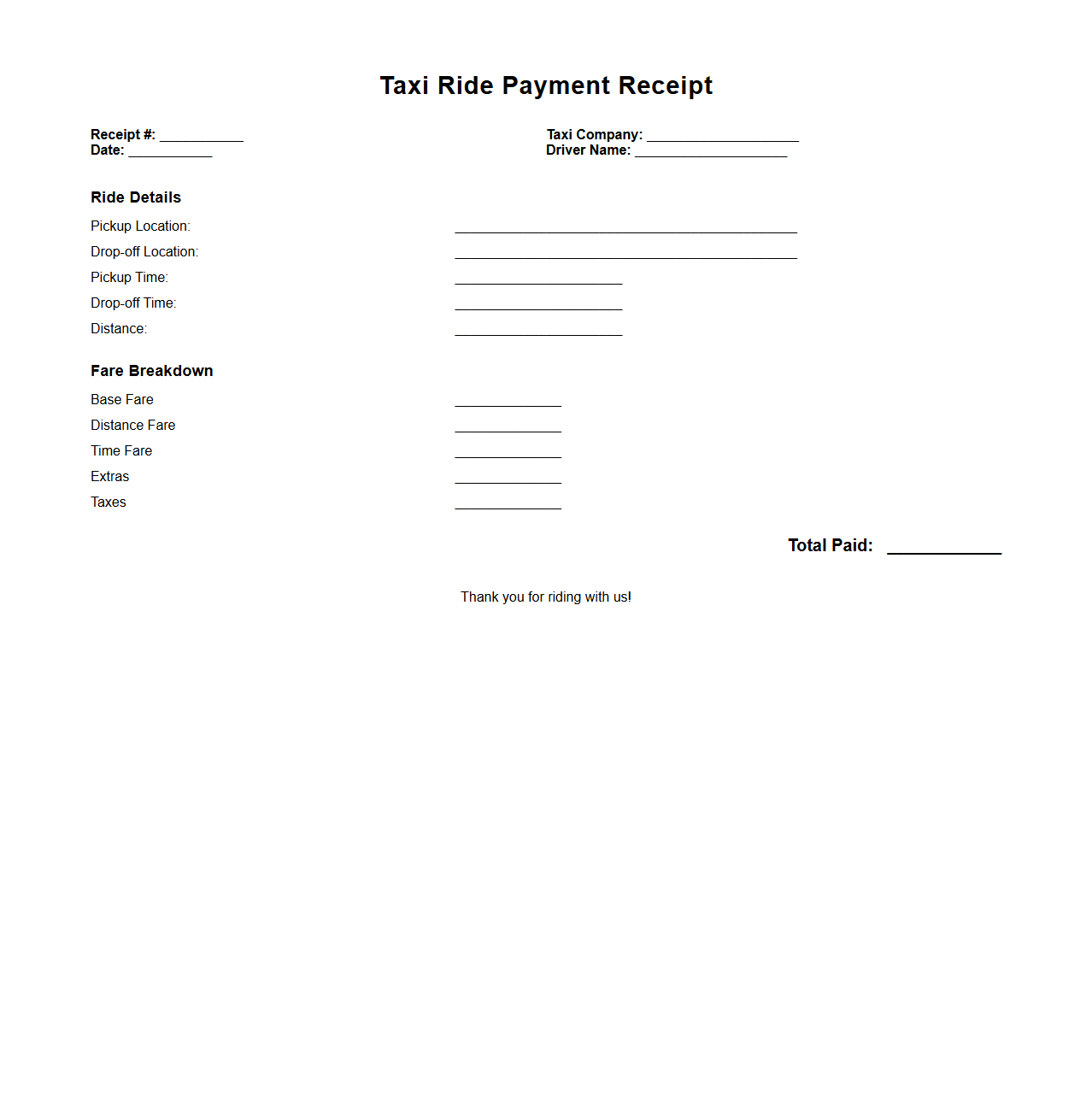 Taxi Ride Payment Receipt Layout