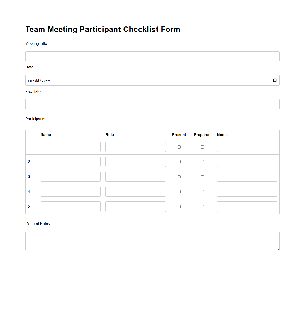 Team Meeting Participant Checklist Form