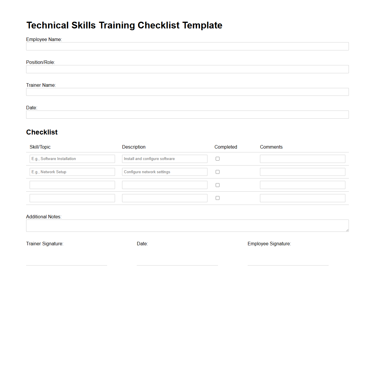 Technical Skills Training Checklist Template