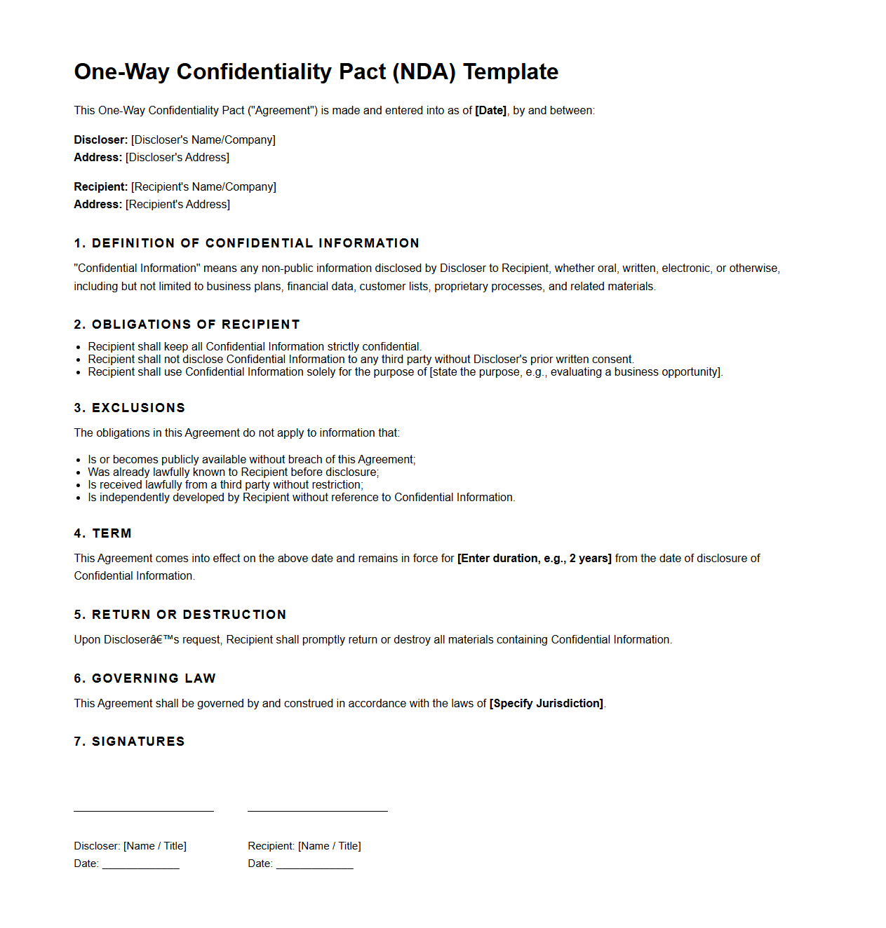 Template for One-Way Confidentiality Pact for Sensitive Content