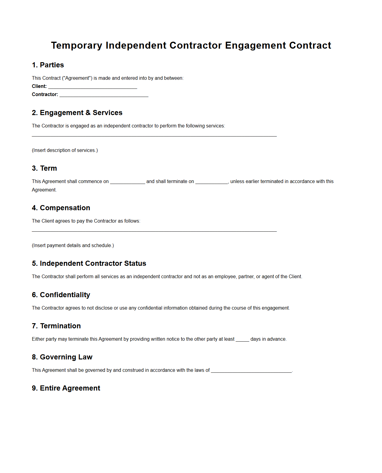 Temporary Independent Contractor Engagement Contract Model