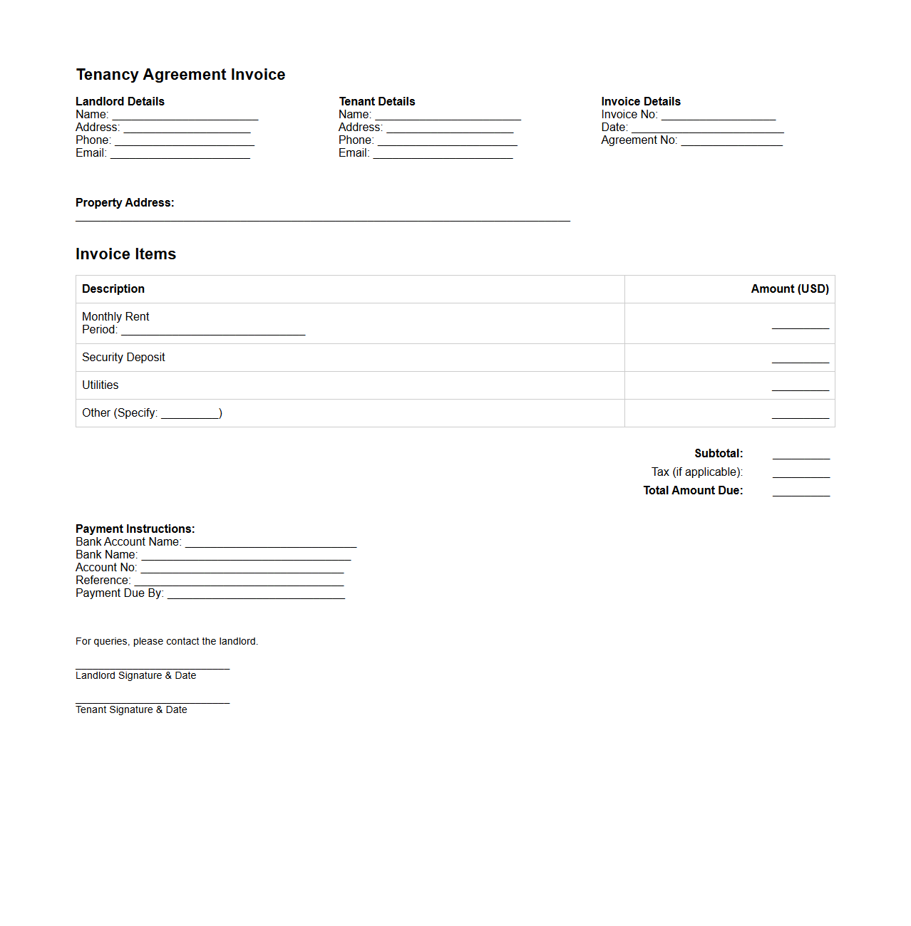 Tenancy Agreement Invoice Sample