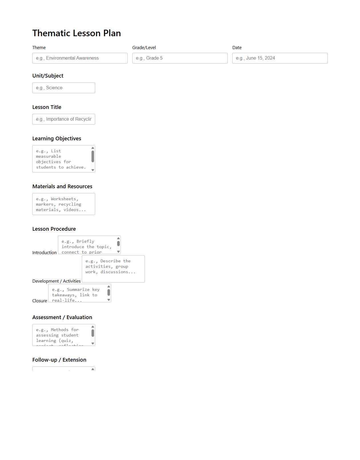 Thematic Lesson Plan Layout for Instructors