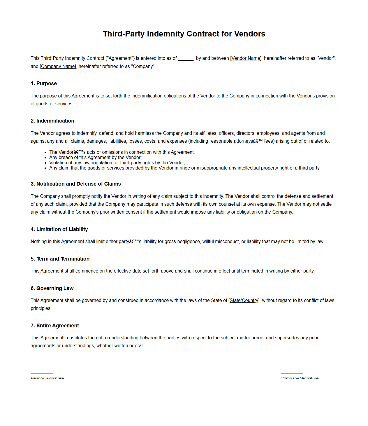 Third-Party Indemnity Contract for Vendors