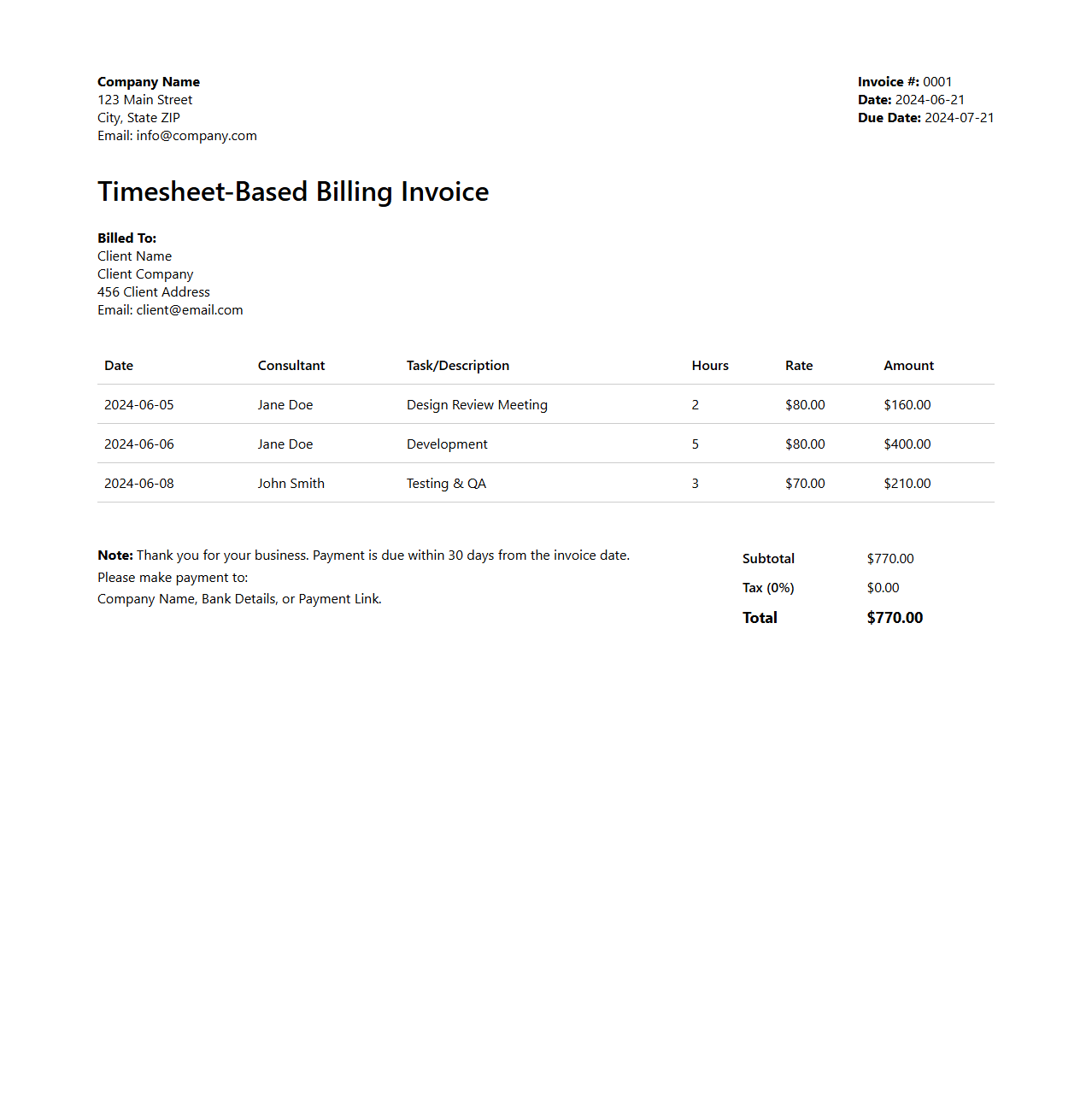 Timesheet-Based Billing Invoice
