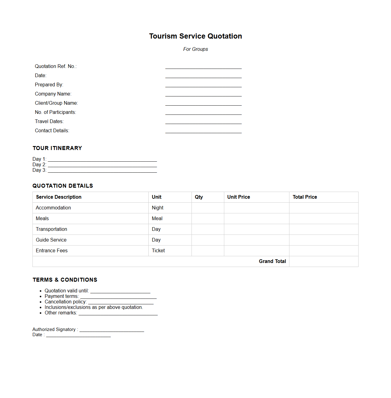 Tourism Service Quotation Format for Groups