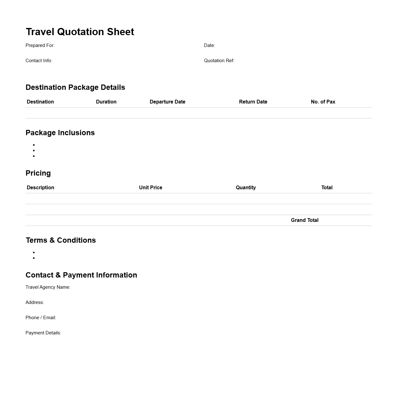 Travel Quotation Sheet for Destination Packages