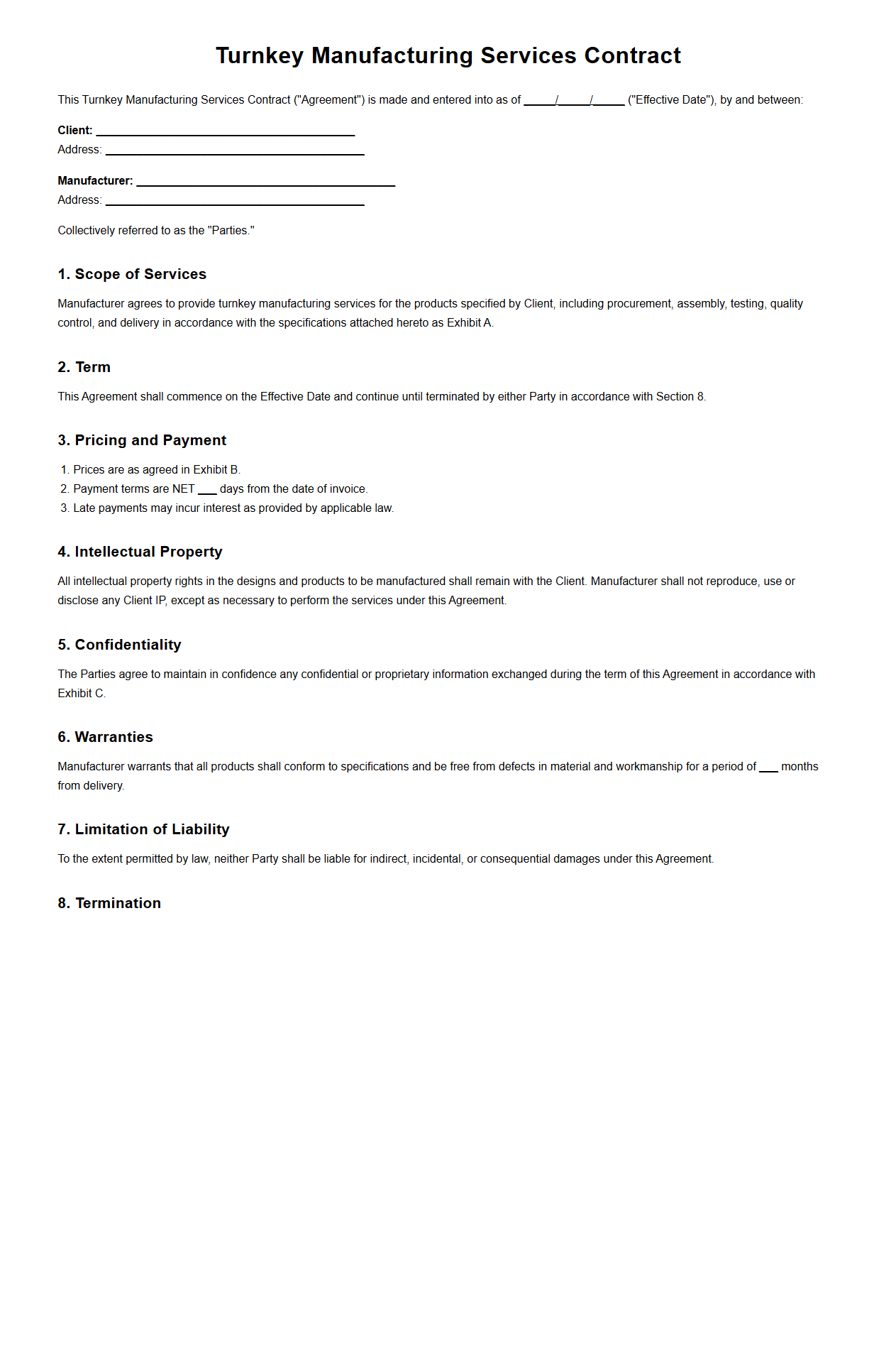 Turnkey Manufacturing Services Contract Template