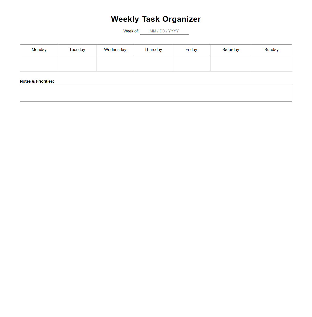 Undated Weekly Task Organizer for Office
