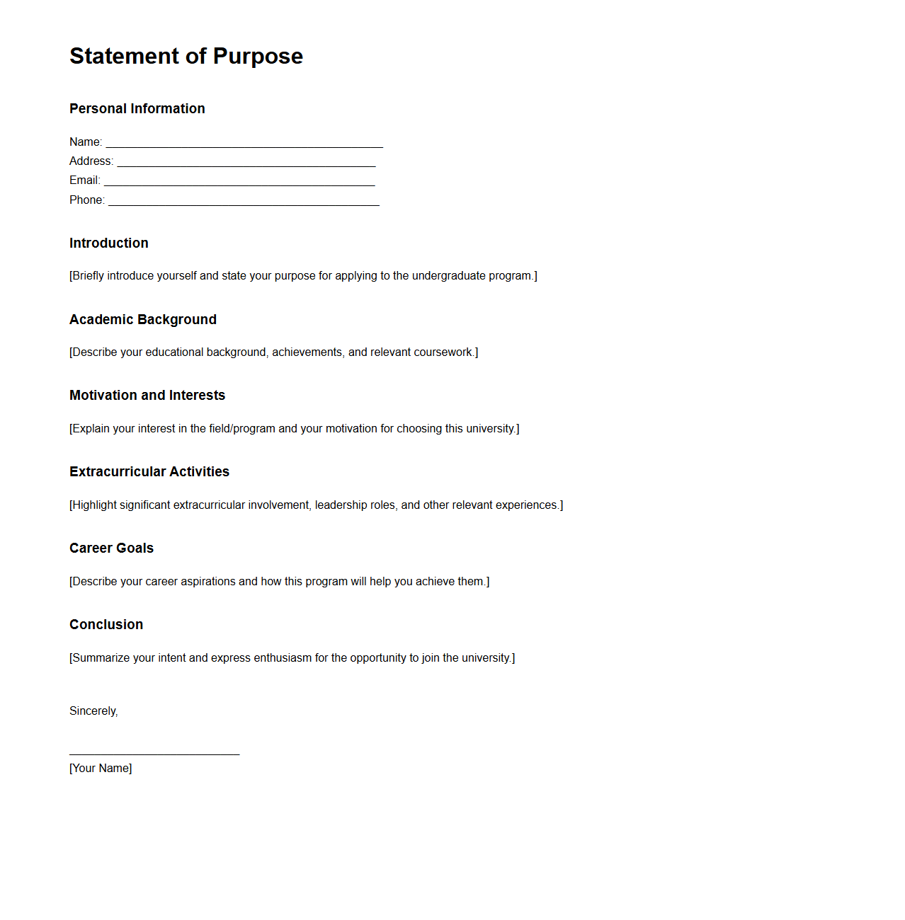 Undergraduate Admission SOP Layout