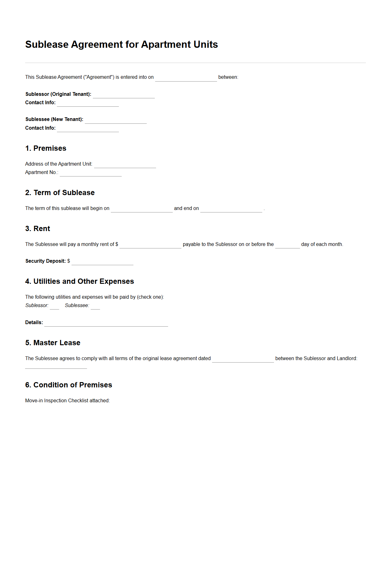 Unfilled Sublease Agreement for Apartment Units