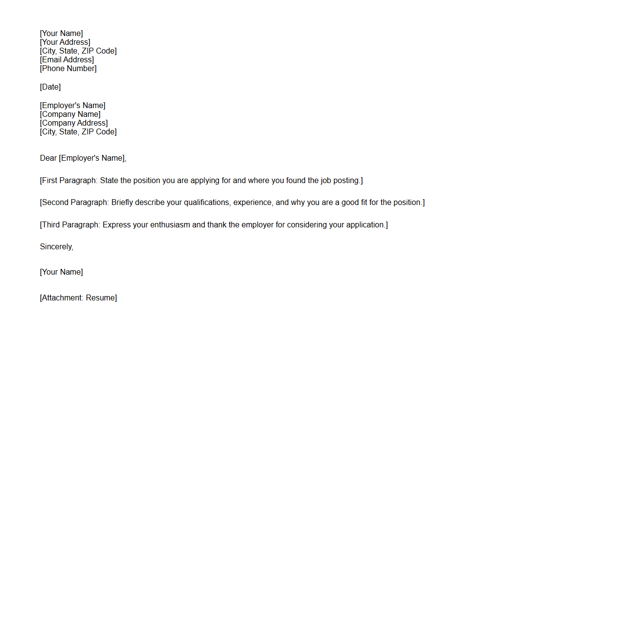 Unformatted Job Application Letter Shell