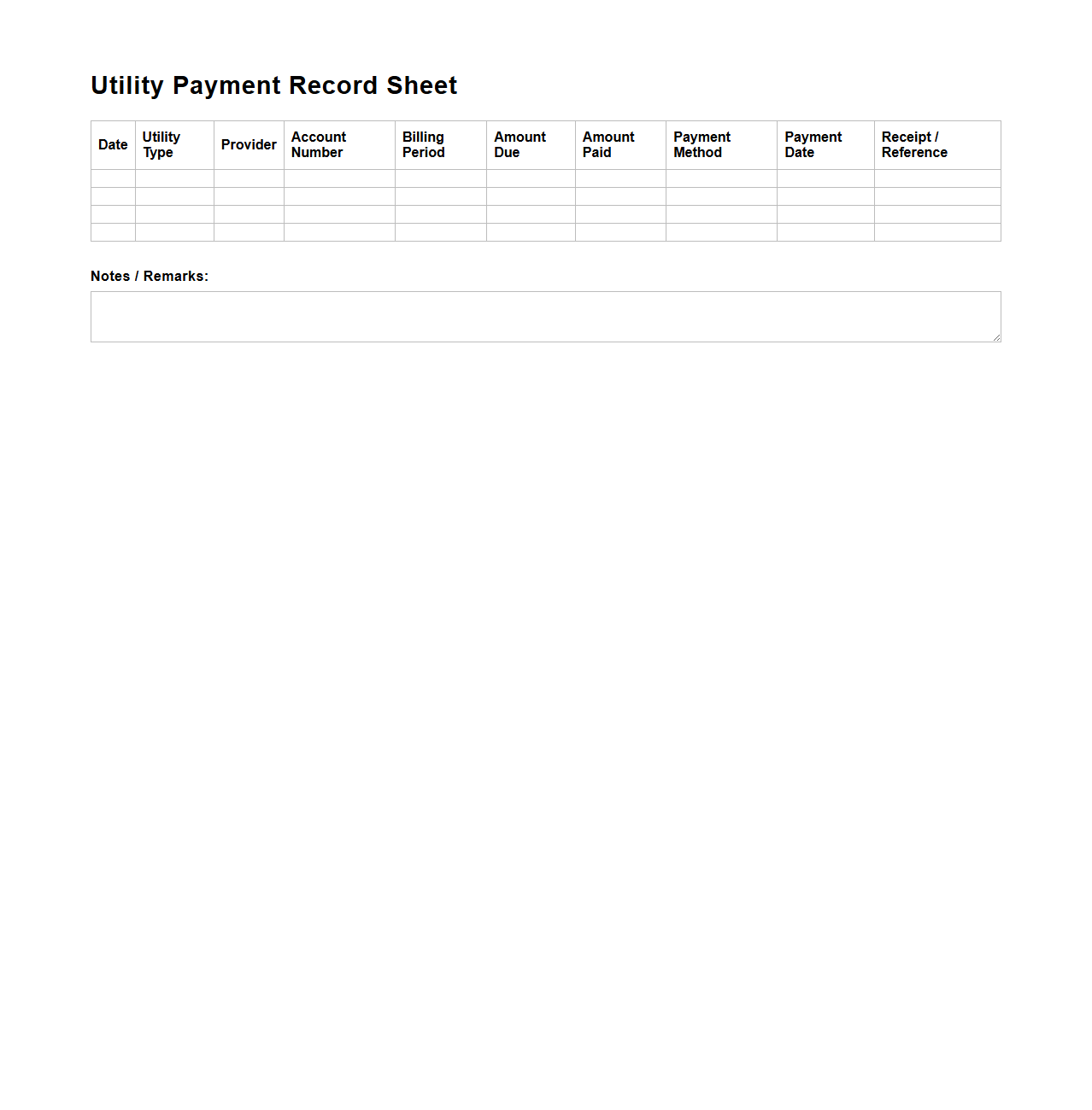 Utility Payment Record Sheet