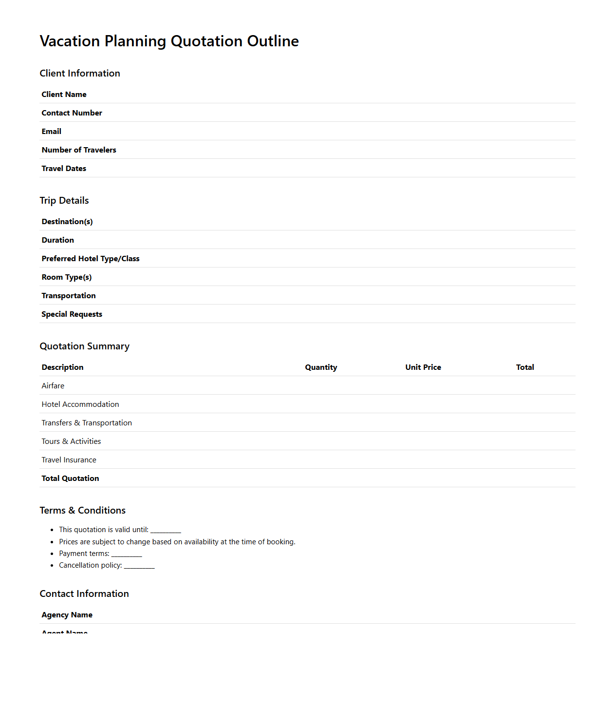 Vacation Planning Quotation Outline for Travel Agencies
