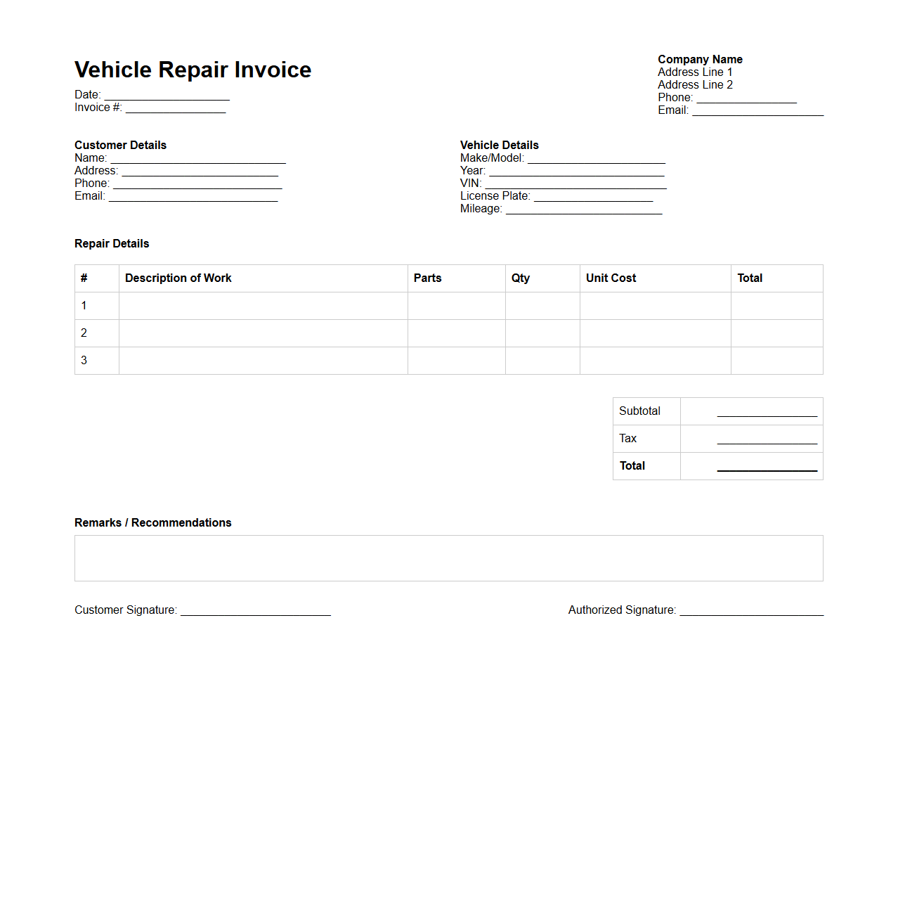 Vehicle Repair Invoice Format