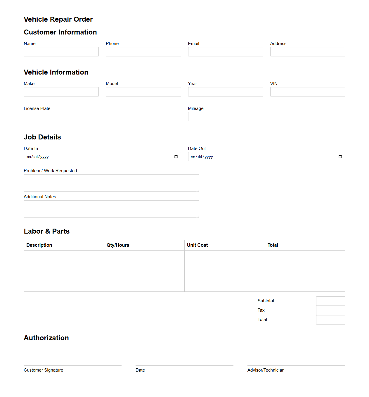 Vehicle Repair Order Template