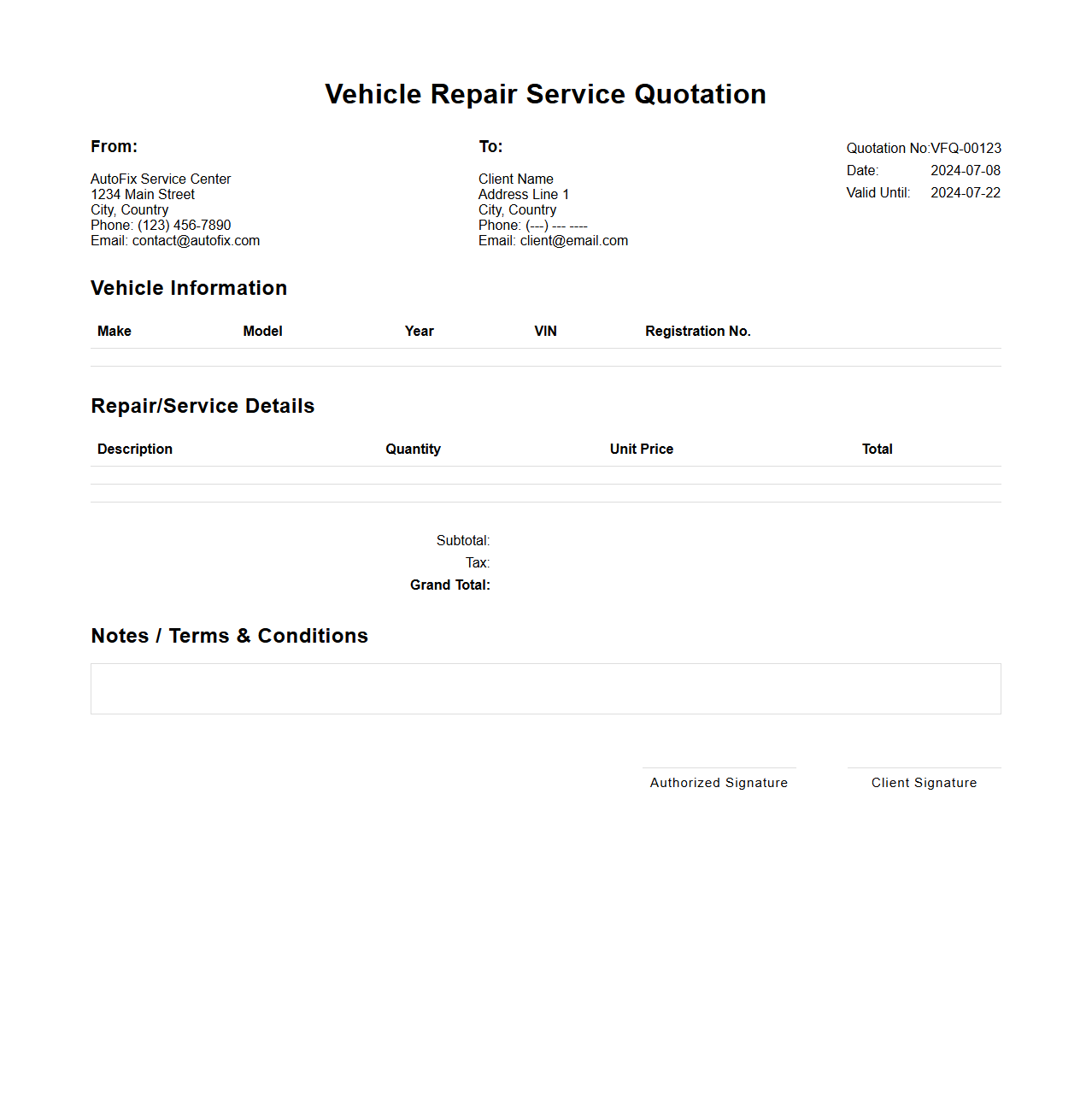 Vehicle Repair Service Quotation Document