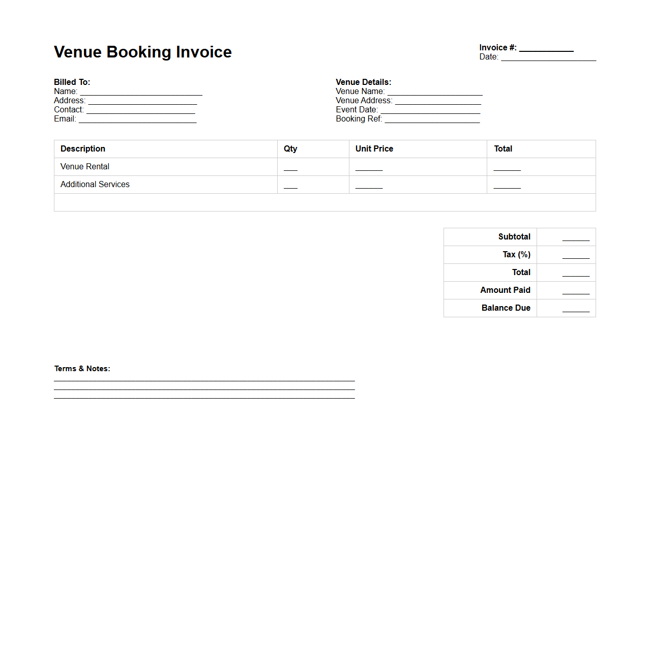 Venue Booking Invoice Format