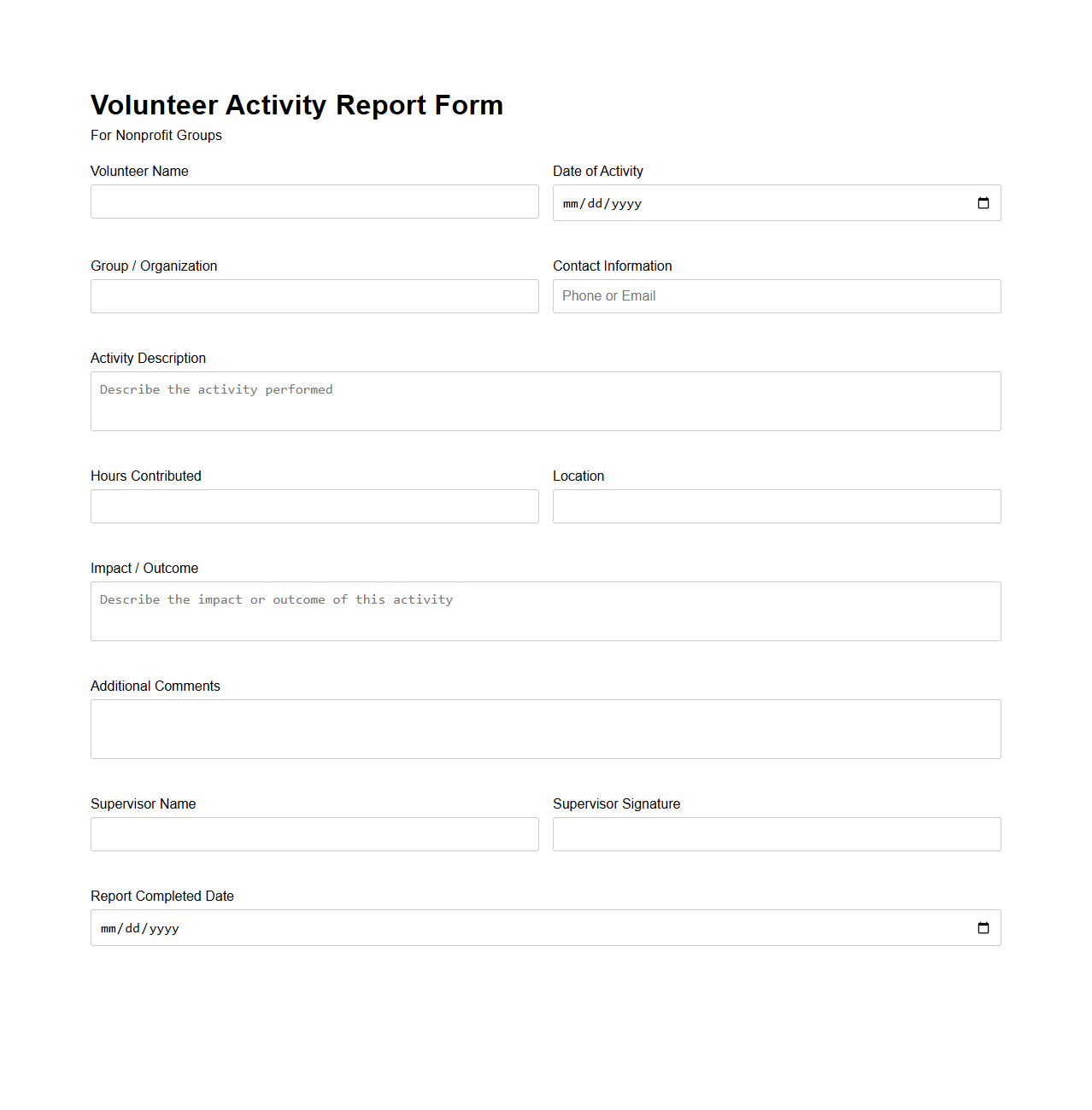 Volunteer Activity Report Form for Nonprofit Groups