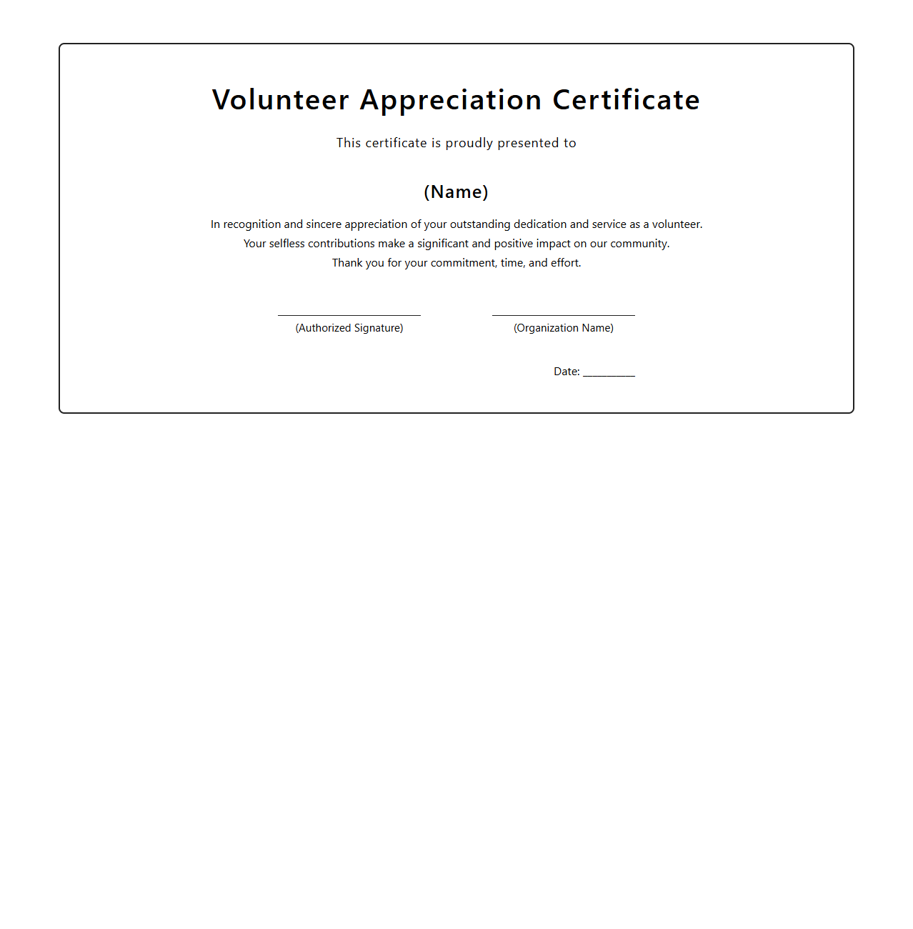 Volunteer Appreciation Certificate Template