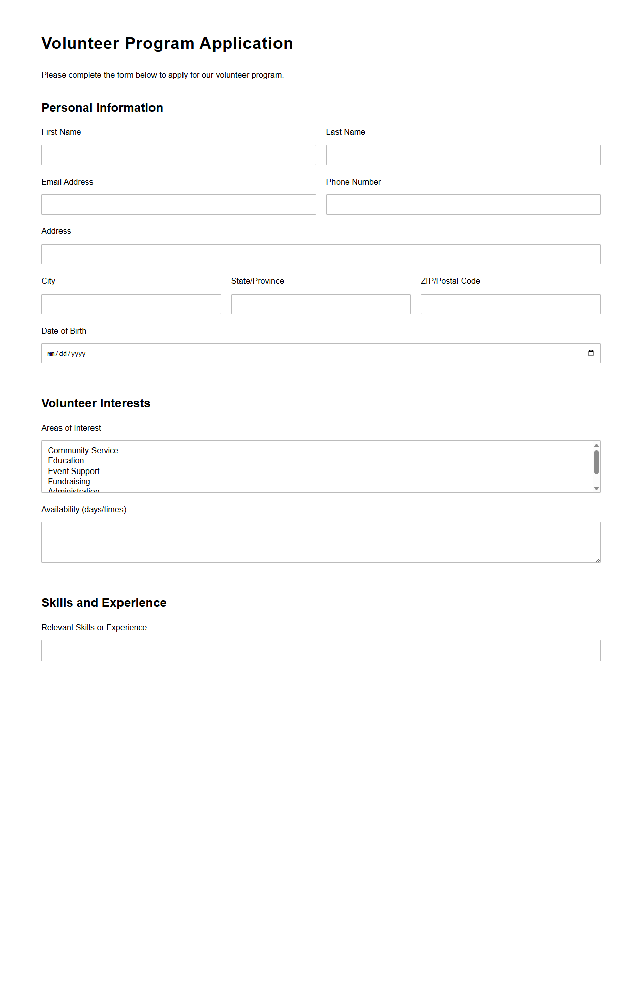 Volunteer Program Application Document for Nonprofits