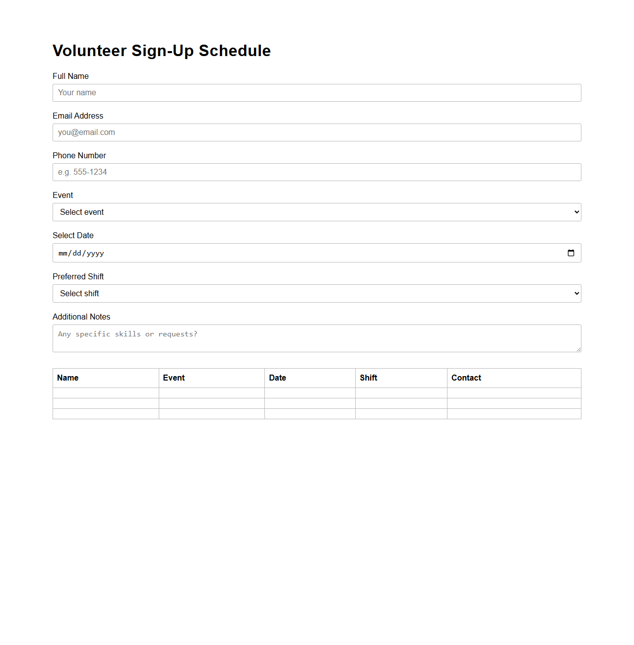 Volunteer Sign-Up Schedule for Community Events