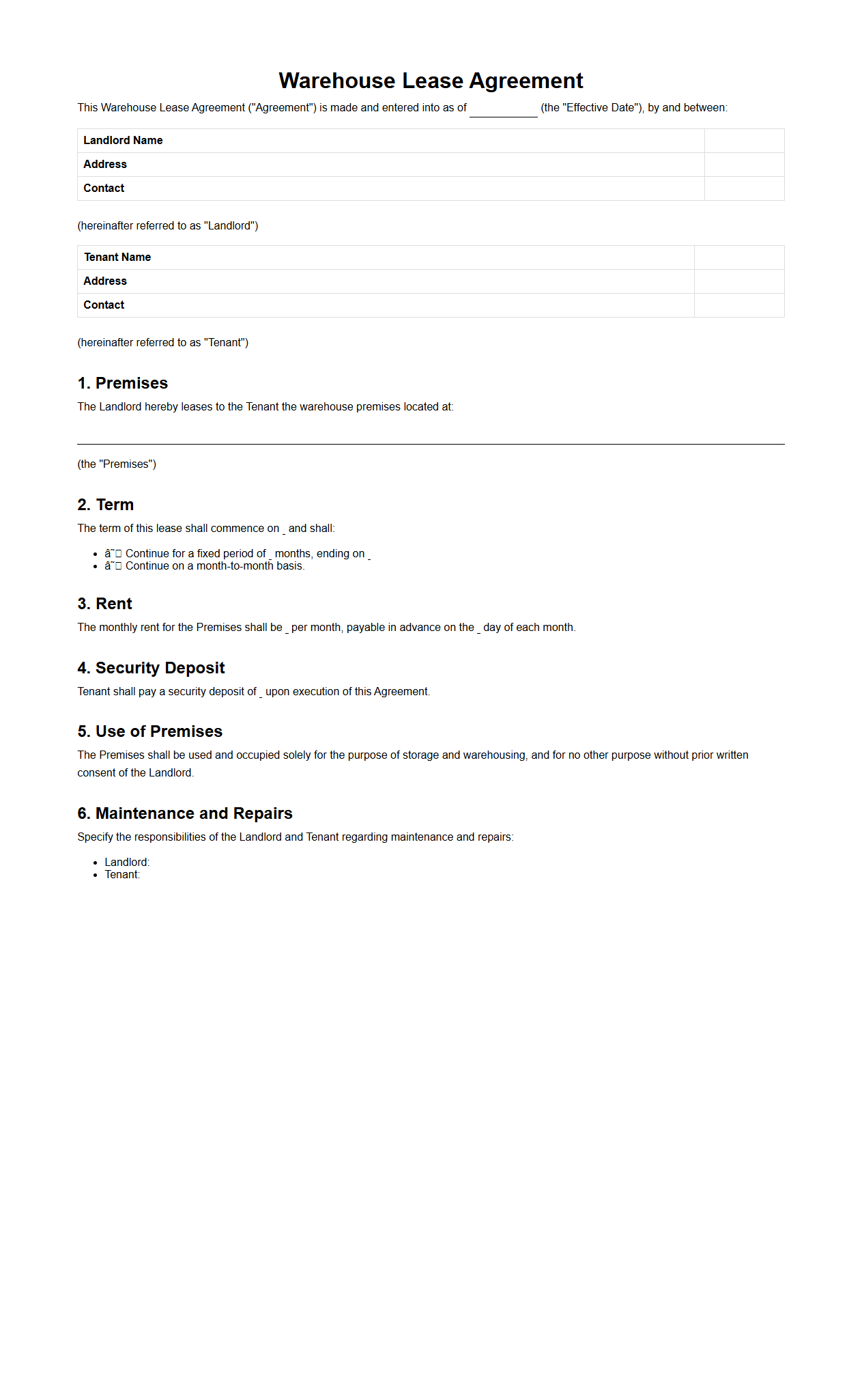 Warehouse Lease Agreement Format