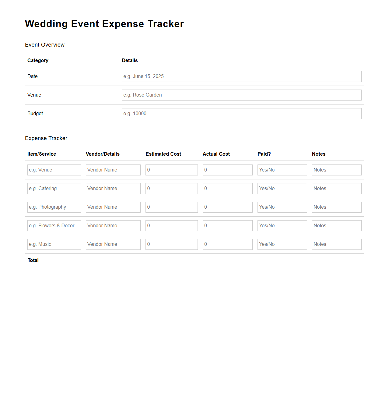 Wedding Event Expense Tracker Template