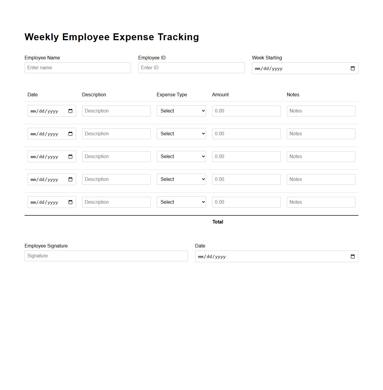 Weekly Employee Expense Tracking Template