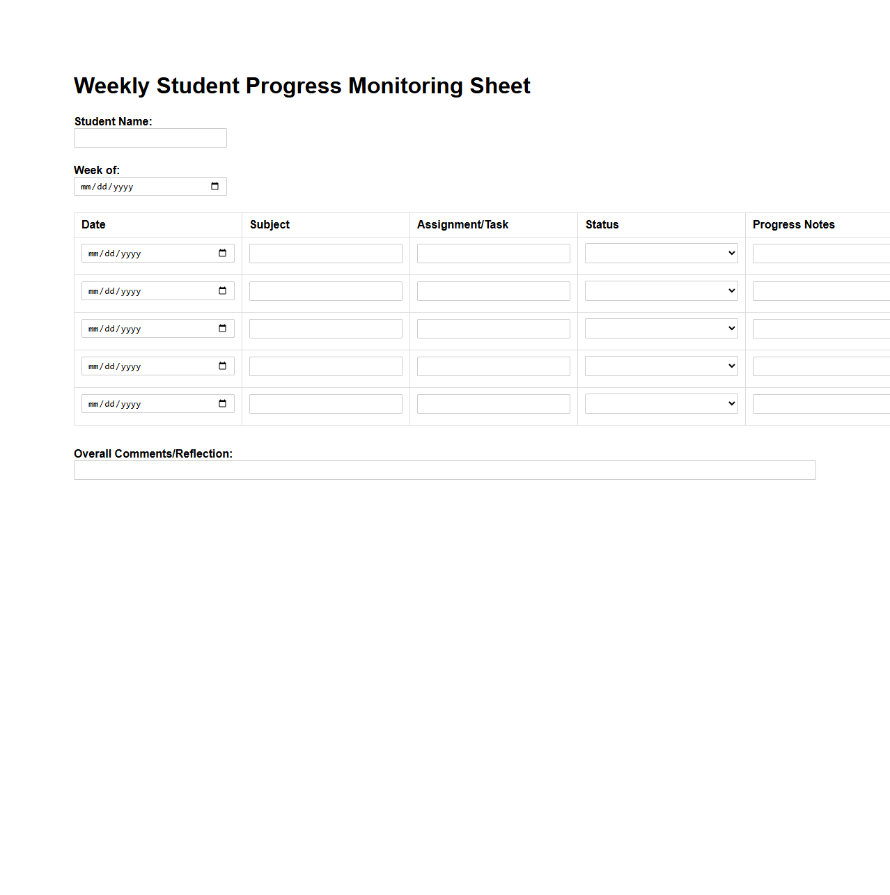 Weekly Student Progress Monitoring Sheet