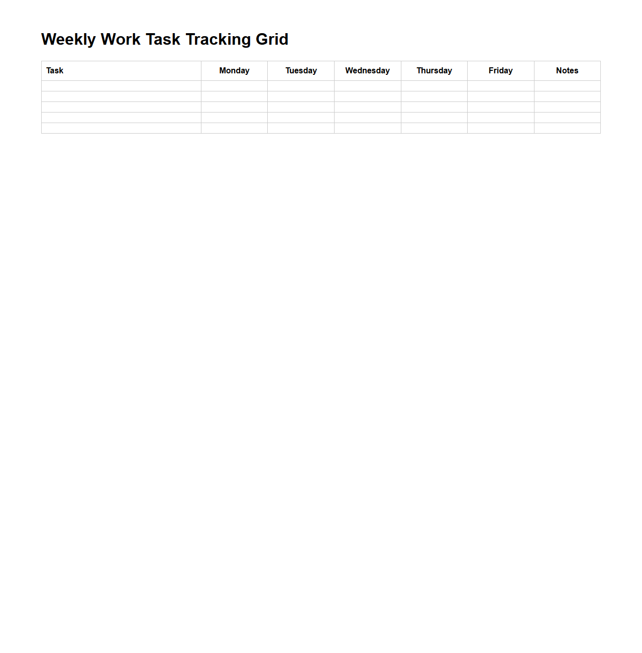 Weekly Work Task Tracking Grid