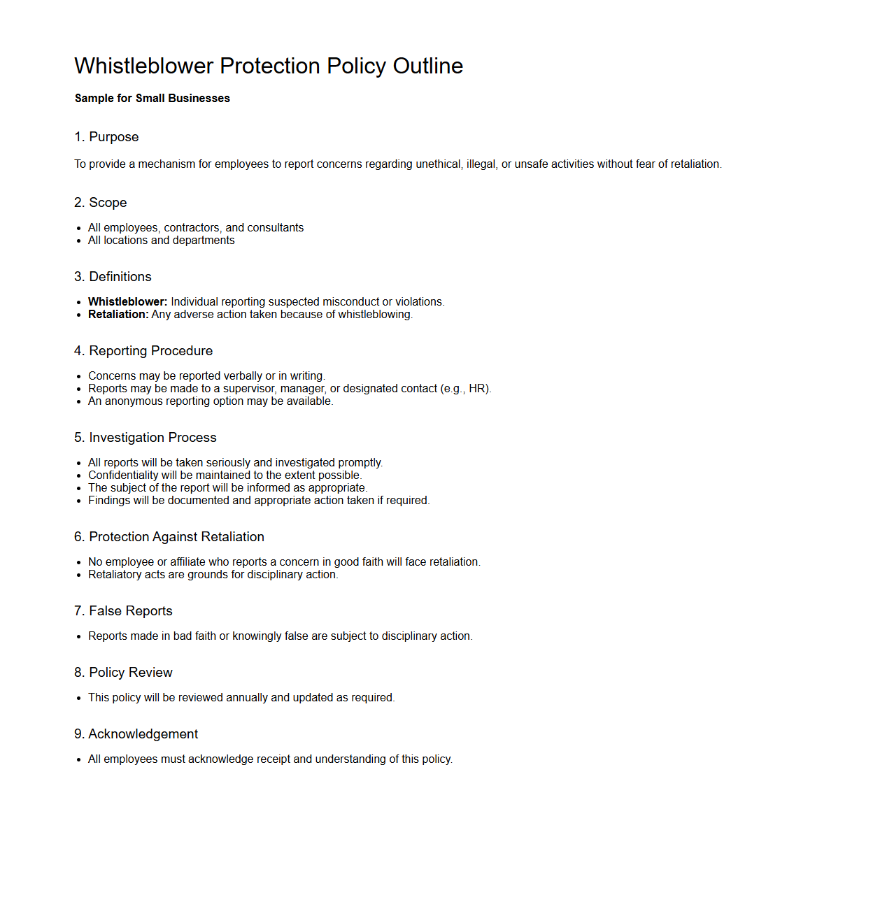 Whistleblower Protection Policy Outline for Small Businesses