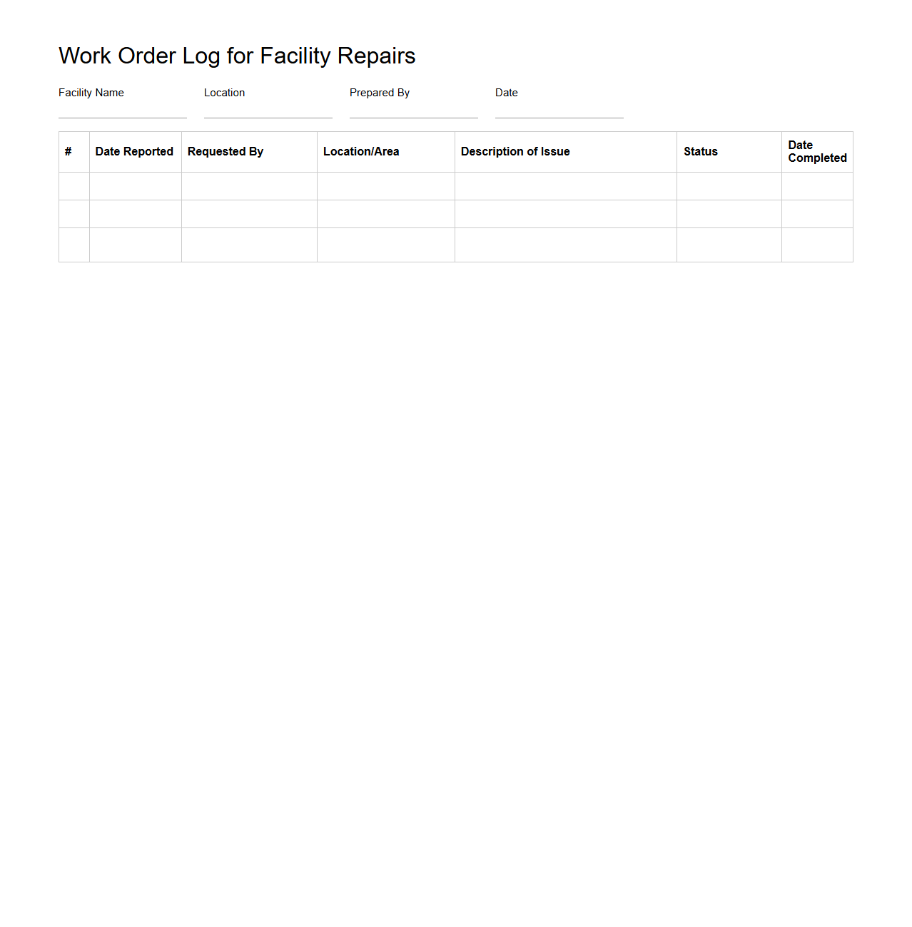 Work Order Log for Facility Repairs