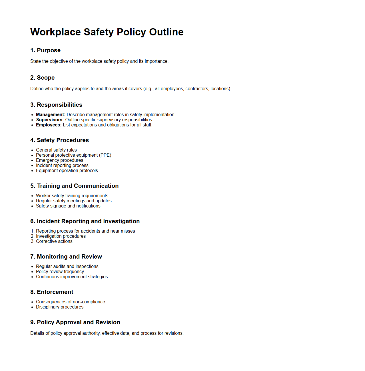 Workplace Safety Policy Outline