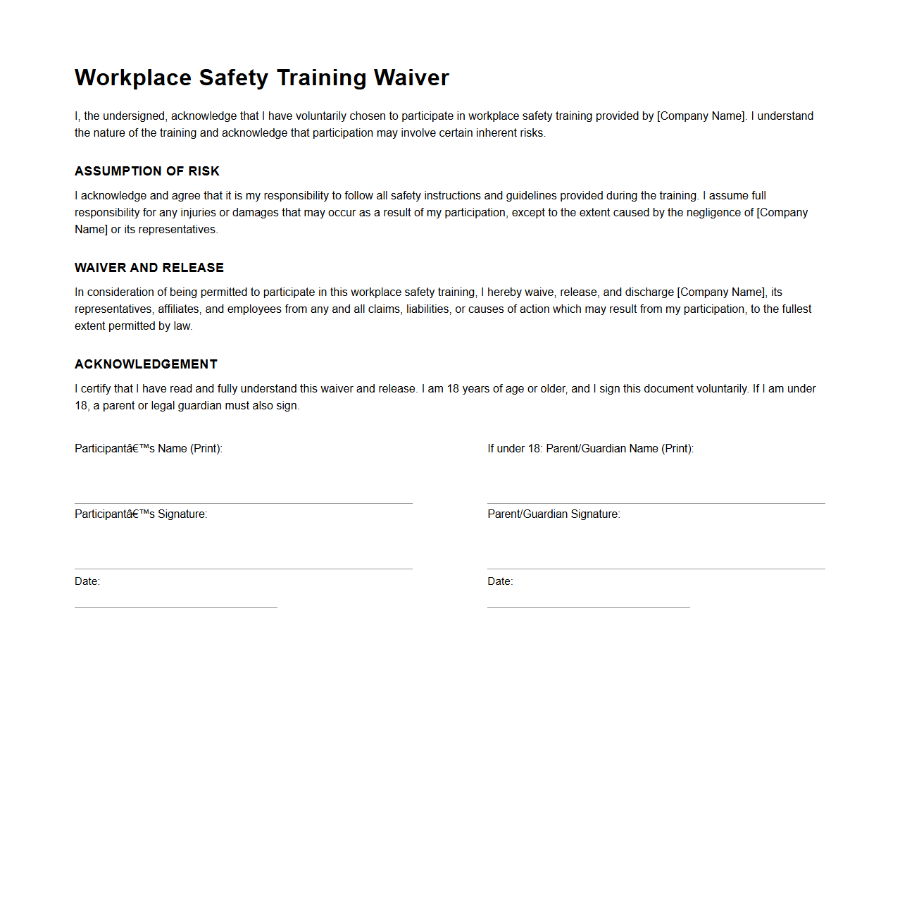 Workplace Safety Training Waiver