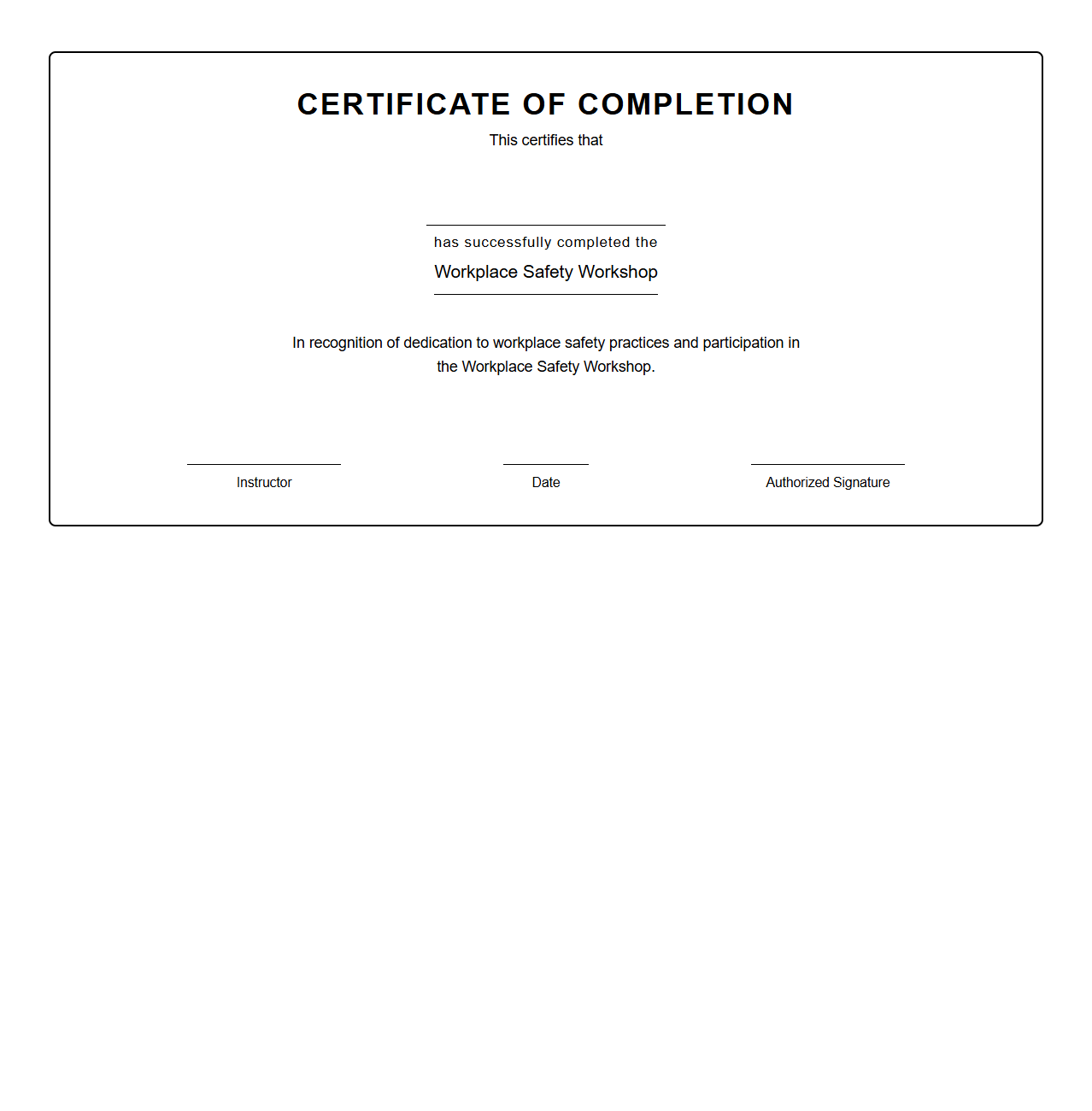 Workplace Safety Workshop Blank Certificate