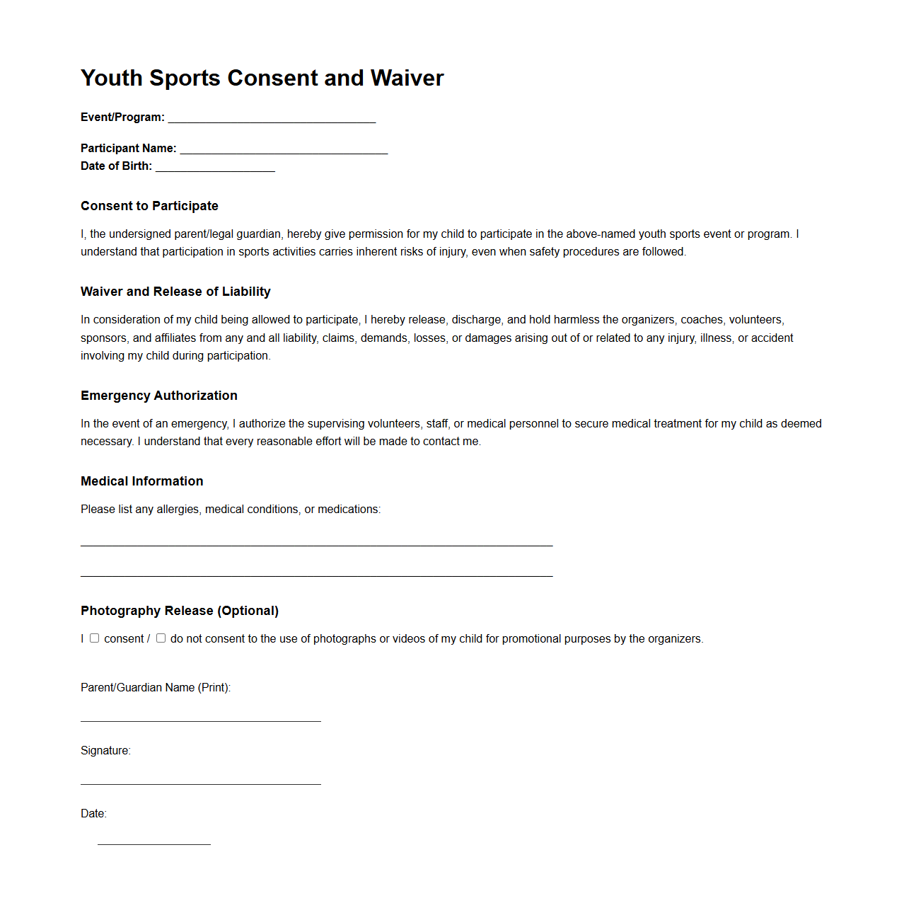 Youth Sports Consent and Waiver Template